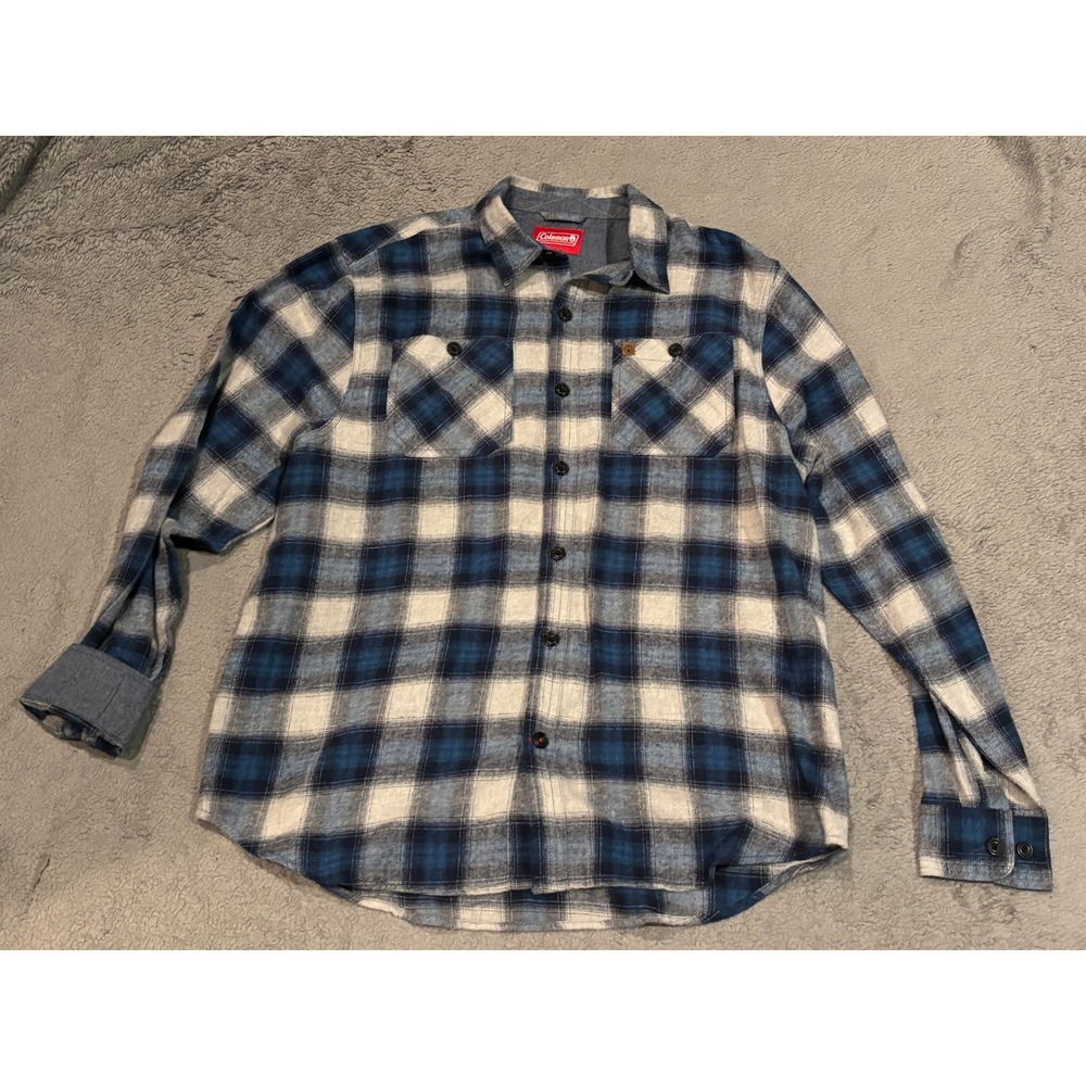 Coleman Mens XL Flannel Shirt Blue White Plaid Long Sleeve Cotton Button Down